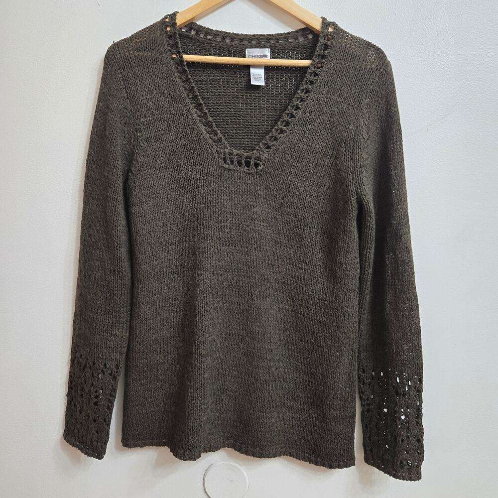 Chicos Womens Goblin Boho Forest Green Crotchet Trim Knit V-Neck Sweater Size 1